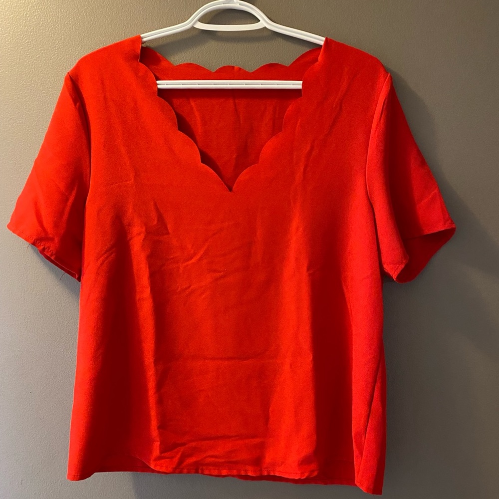 Red scallop neck top